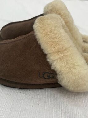 UGG Tan Suede Slippers with Cream Shearling Interior